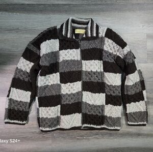 RARE Vintage An Tòirne Handknit Aran Checkerboard Cardigan Wool UNISEX S/M